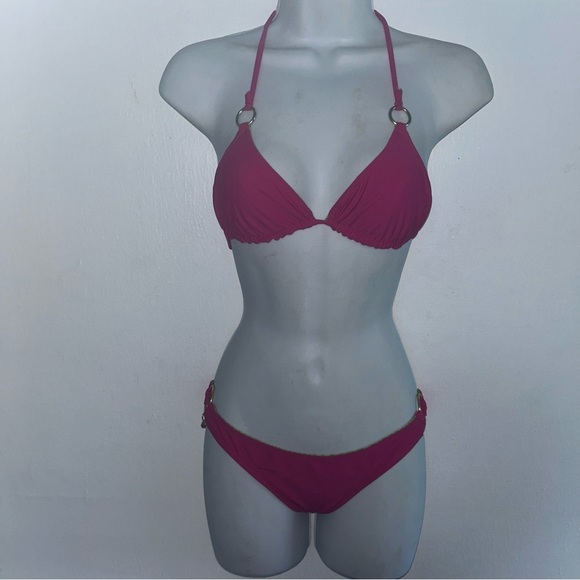 Volcom  2 pc Triangle Top Bikini XS Swimsuit Reversible Pink Green Set - Picture 2 of 12